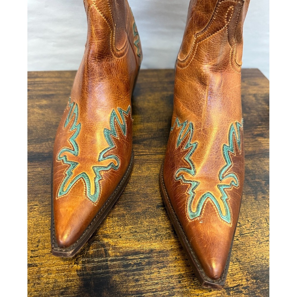 Charlie 1 Horse Tan Leather Turquoise Inlay Embroidered Western Boots Sz 9.5 B - Picture 9 of 16